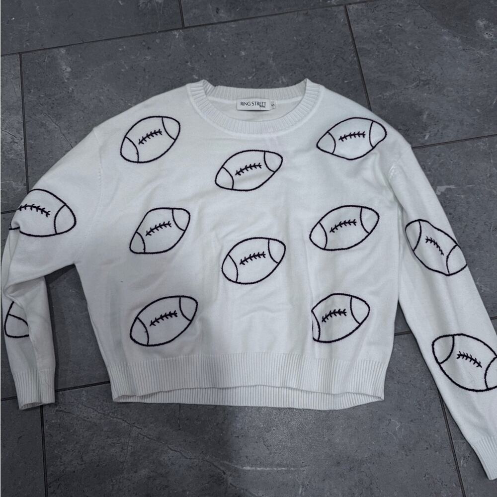 NWT Ring Street White Sweater with Maroon Football Pattery, size Small